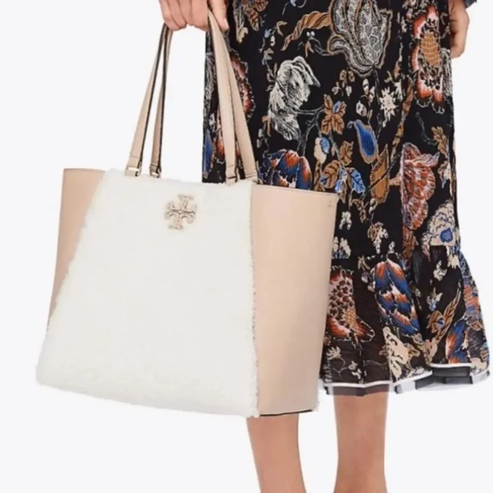 Tory Burch McGraw Shearling Fleece Fur & Leather Tote Bag Sand Beige Pink Ivory